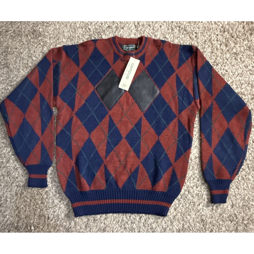 Vintage Campus Geometric Diamond Pattern Leather Accent Pullover Sweater Large